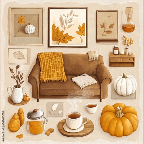 Autumn Comfort: Knolling-Style Illustration of a Cozy and Meticulously Arranged Scene photo