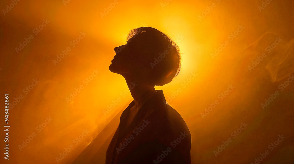 A person with short hair, wearing a dark shirt, looking up at a bright yellow sky with a gradient of light and dark areas. A person with short hair, wearing a dark shirt, looking up at a bright yellow sky with a gradient of light and dark areas.
