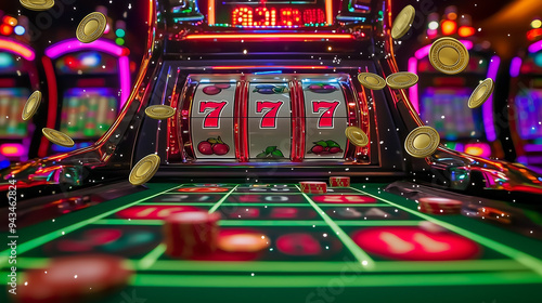 Casino slot machine with spinning reels and drifting coins, displayed against a colorful neon light backdrop.