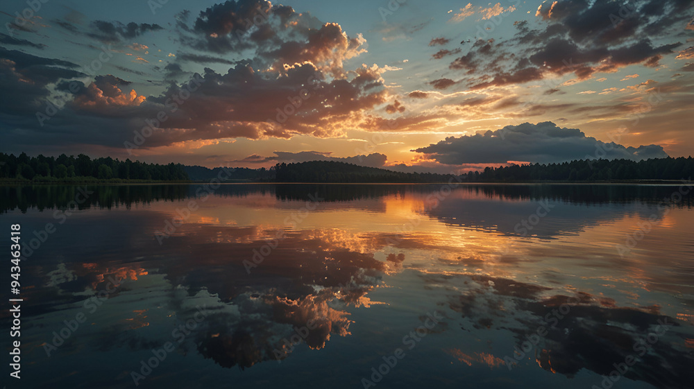A peaceful evening sky filled with soft, glowing clouds, reflecting on the surface of a still lake. Background A peaceful evening sky filled with soft, glowing clouds, reflecting on the surface of a still lake. Background