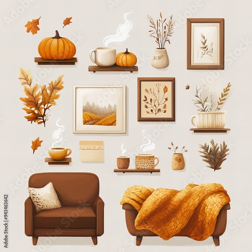 Autumn Comfort: Knolling-Style Illustration of a Cozy and Meticulously Arranged Scene photo