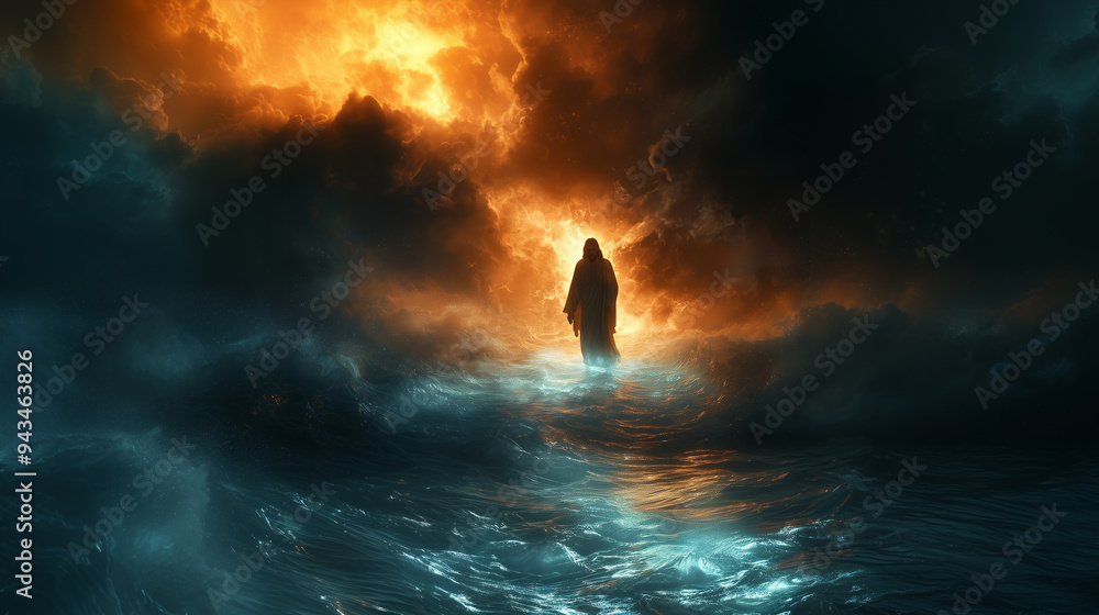 Glowing silhouette of Jesus walking on water, with light ripples extending across a stormy sea, creating a dramatic, spiritual atmosphere. Glowing silhouette of Jesus walking on water, with light ripples extending across a stormy sea, creating a dramatic, spiritual atmosphere.