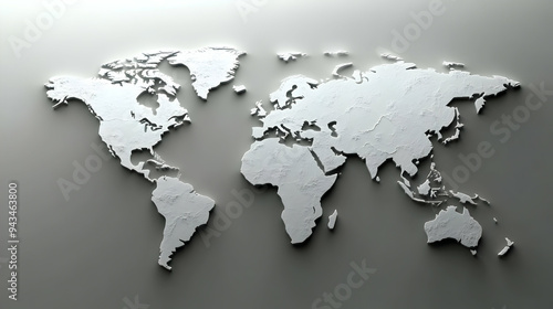 3D White World Map on Gray Background.