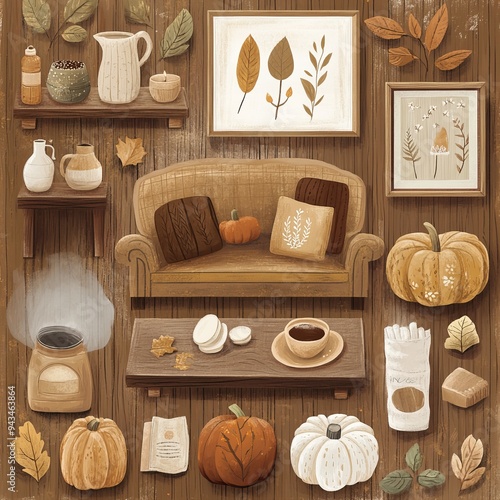 Autumn Comfort: Knolling-Style Illustration of a Cozy and Meticulously Arranged Scene photo