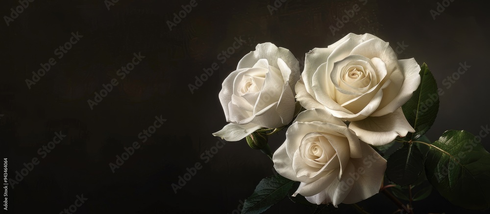 Three white roses displayed against a dark background with copy space image Three white roses displayed against a dark background with copy space image