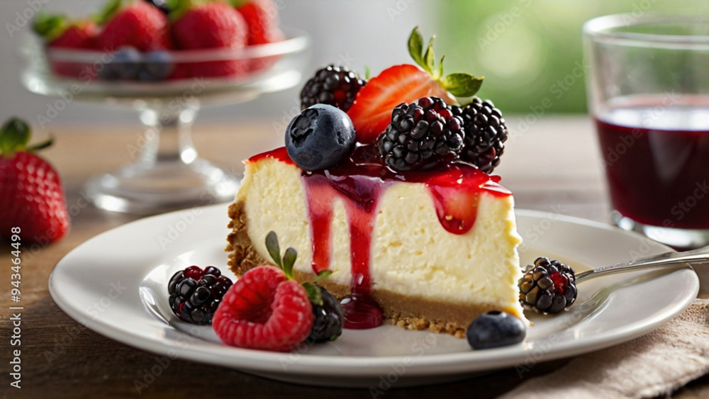 A slice of cheesecake with blueberry sauce and raspberries on top A slice of cheesecake with blueberry sauce and raspberries on top
