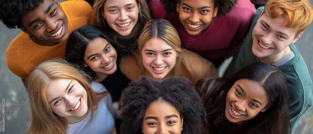 Top View of Smiling Multiracial Group of Young People, Diverse Friends Expressing Joy and Unity, African American, Asian, Caucasian, and Hispanic Ethnicities Top View of Smiling Multiracial Group of Young People, Diverse Friends Expressing Joy and Unity, African American, Asian, Caucasian, and Hispanic Ethnicities