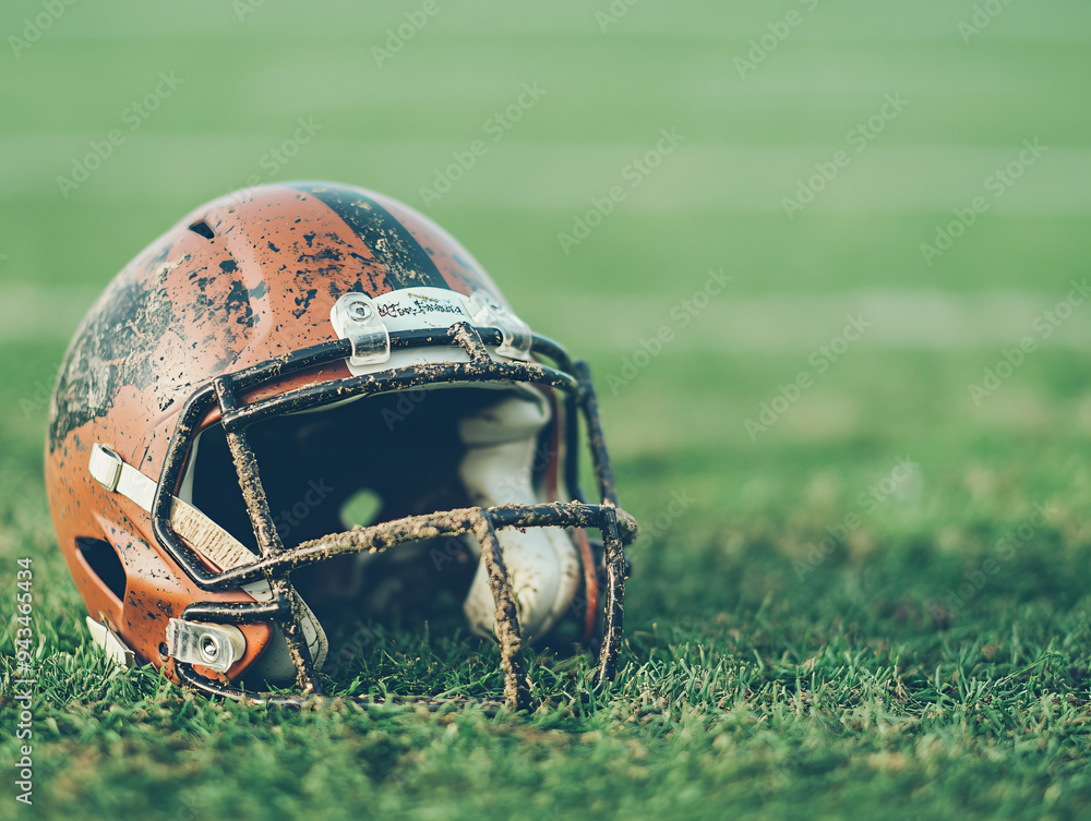 Intense Football Game: Scuffed Helmet on Turf After Tackle Intense Football Game: Scuffed Helmet on Turf After Tackle