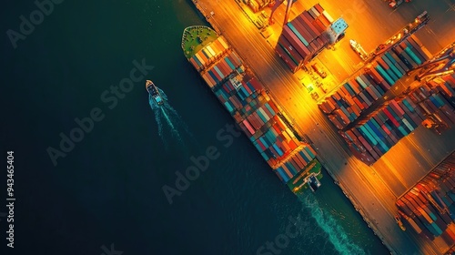 Container ship in export and import business and logistics. Shipping cargo to harbor by crane. Water transport International. Aerial view