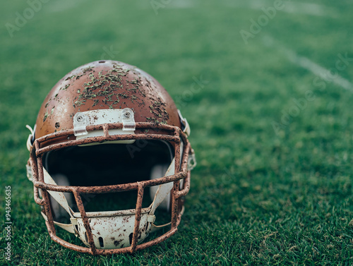 Intense Football Game: Scuffed Helmet on Turf After Tackle - Sacrifices and Dedication of Players Evident photo