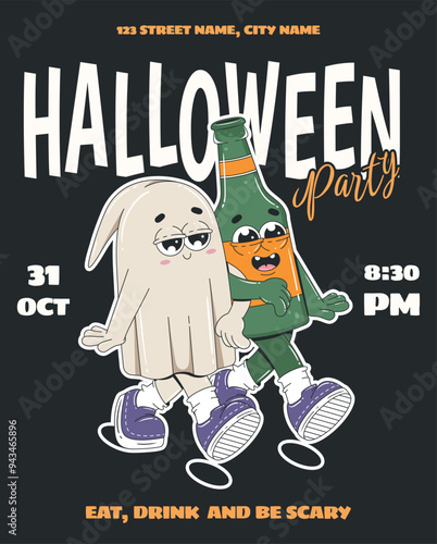 Halloween party poster design in retro style. Cartoon ghost and beer bottle characters. Design template for club party events in 70s-80s.  photo