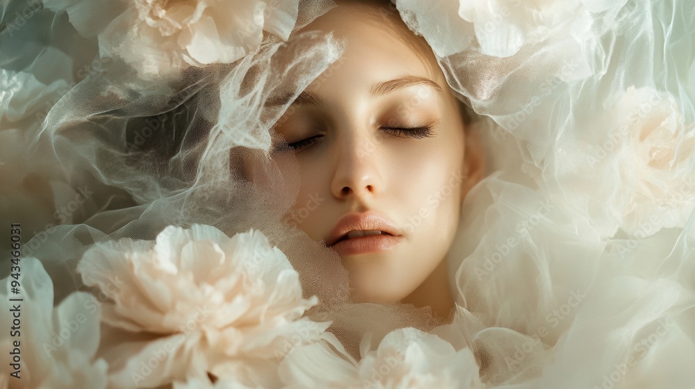 Ethereal close-up of a woman surrounded by tulle flowers, creating a dreamy and soft-focused atmosphere. Ethereal close-up of a woman surrounded by tulle flowers, creating a dreamy and soft-focused atmosphere.