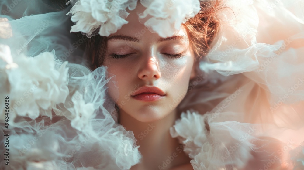 Ethereal close-up of a woman surrounded by tulle flowers, creating a dreamy and soft-focused atmosphere. Ethereal close-up of a woman surrounded by tulle flowers, creating a dreamy and soft-focused atmosphere.