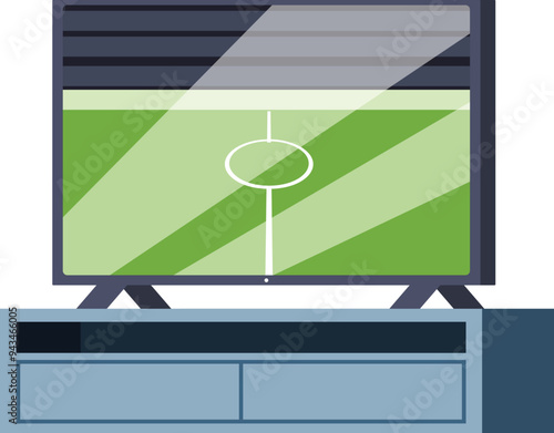 Modern tv set is showing a soccer match, resting on a tv stand, perfect for illustrations about home entertainment