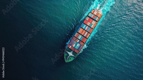 container ship in import export and business logistic.By crane ,Trade Port , Shipping.cargo to harbor.Aerial view.Water transport.International.Shell Marine.Top view. 