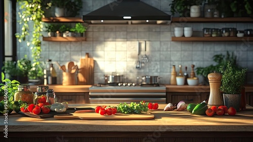 Virtual reality cooking class, interactive ingredients, and utensils, detailed kitchen environment, 3D animation