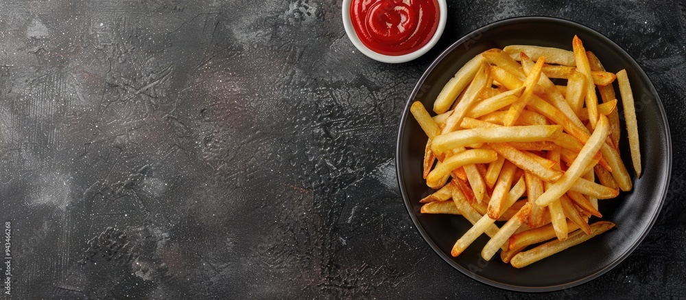 Top down view of homemade American French fries with ketchup on a plate with ample copy space image