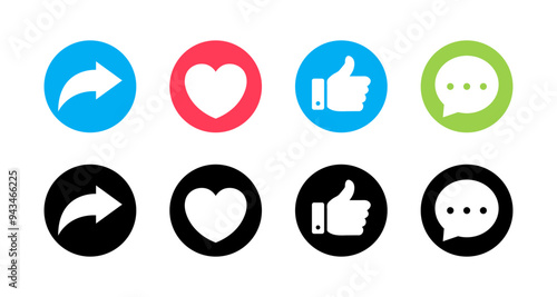 Like, Share, comment and love heart icon buttons. Like button, thumb up, love and heart, comment, repost and share icon buttons. Like love comment share icon. Social media vector illustration.