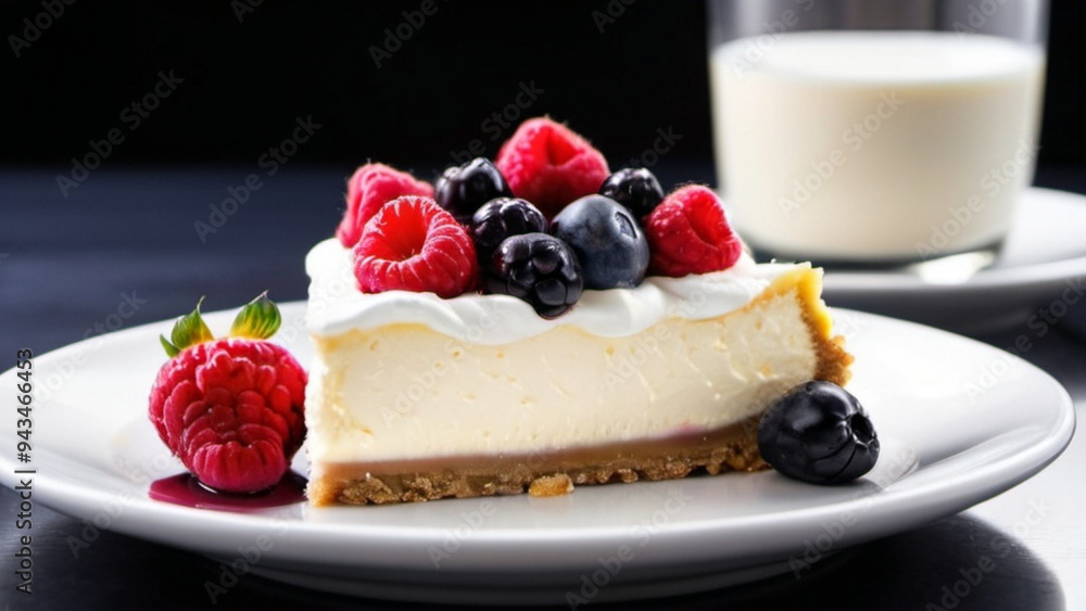 A slice of cheesecake with raspberries and blueberries on top A slice of cheesecake with raspberries and blueberries on top
