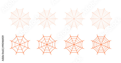 Spider web icon set in different shape. Outline set of spider vector icons. Set of spider web and halloween cobweb decoration. Spider web vector icon set in orange color. Vector illustration.