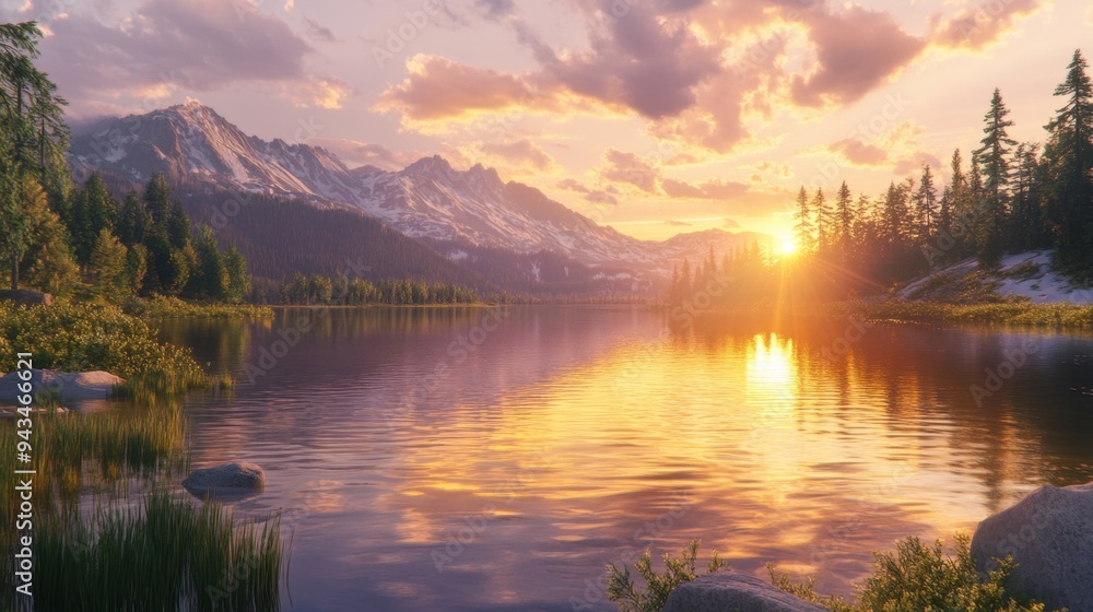 Fototapeta premium Golden hour at a mountain lake, with the setting sun casting warm light and reflections over the tranquil landscape.