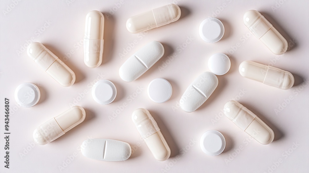White pills and capsules are scattered on a pink background. White pills and capsules are scattered on a pink background.