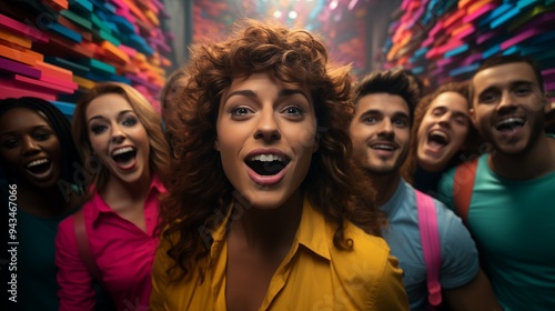 an influencer taking a group selfie at a party, bright colors, exaggerated facial expressions, fun