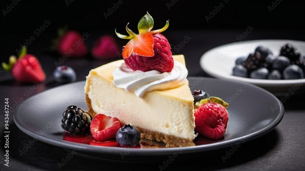 A slice of cheesecake with raspberries and blueberries on top A slice of cheesecake with raspberries and blueberries on top