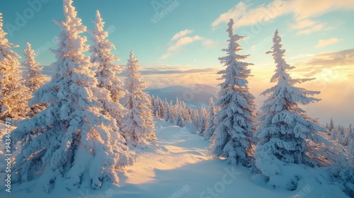 Glowing white spruces, illuminated by sunlight, create a breathtaking wintry scene in Carpathian National Park, Ukraine. The cool blue sky complements the pristine white landscape