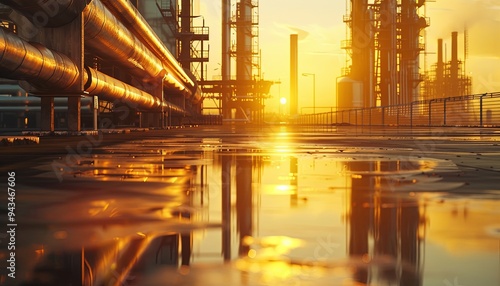 Wet industrial platform with large pipes in front of an oil refinery at sunset.