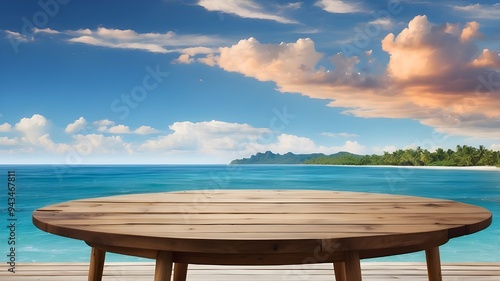 wooden table with the ocean, island, and beautiful sky in the background. superior quality image