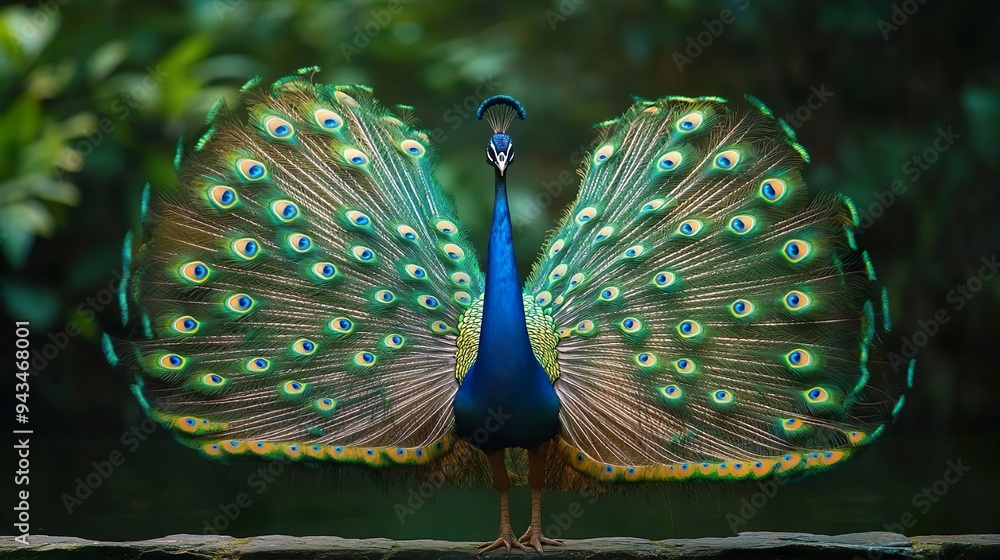 Obraz premium Vivid peacock with fully spread feathers perfect for highlighting the vibrant and majestic aspects of wildlife
