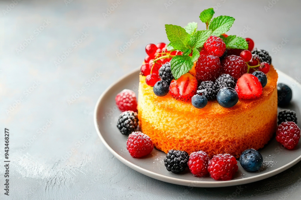Sponge cake with berries and mint on gray background Sponge cake with berries and mint on gray background