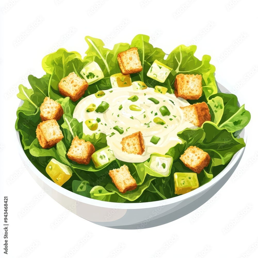 Fresh salad with croutons and dressing in a bowl Fresh salad with croutons and dressing in a bowl