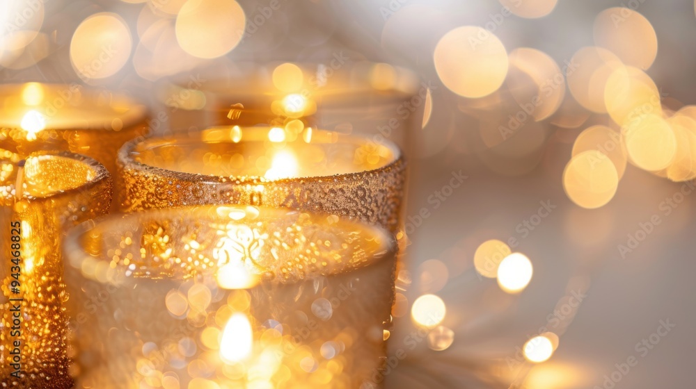 Elegant gold candle holders create a warm, inviting glow, surrounded by soft bokeh effects on a white background Elegant gold candle holders create a warm, inviting glow, surrounded by soft bokeh effects on a white background