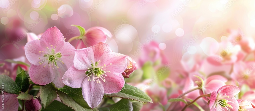 Spring bloom of pink hellebore flowers with a natural wildflower backdrop creates a scenic setting for text or other elements in the image. Creative banner. Copyspace image Spring bloom of pink hellebore flowers with a natural wildflower backdrop creates a scenic setting for text or other elements in the image. Creative banner. Copyspace image