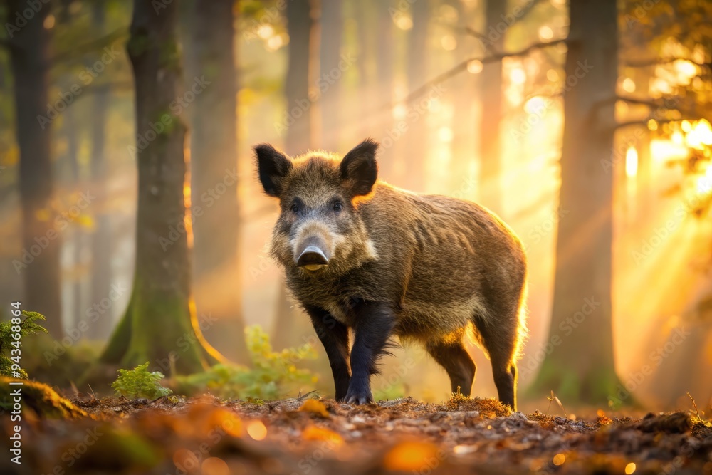 Feral boar hybrid roaming free in misty dawn forest landscape with earthy tones, warm golden light, shallow depth of field, and hint of wilderness adventure and freedom. Feral boar hybrid roaming free in misty dawn forest landscape with earthy tones, warm golden light, shallow depth of field, and hint of wilderness adventure and freedom.