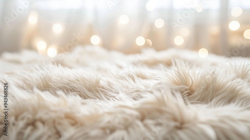 A soft, warm ivory faux fur rug lies against a white background, enhanced by bokeh lights creating a tranquil and inviting setting