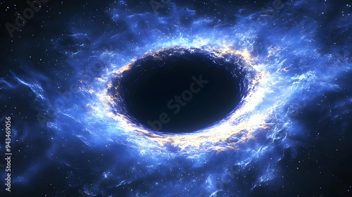 A black hole in space with glowing blue and yellow gas.