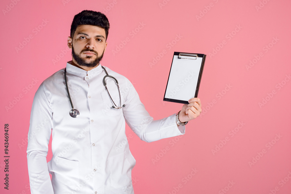 Front view of brunette male doctor wearing uniform with phonendoscope, holding folder, showing. Isolated on pink studio background. Front view of brunette male doctor wearing uniform with phonendoscope, holding folder, showing. Isolated on pink studio background.