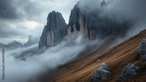 Great view of the foggy Val di Fassa valley with Pass Sella in the Dolomites, South Tyrol. Located in Canazei, Campitello, Mazzin, Italy. A dramatic scene showcasing the world's beauty. photo