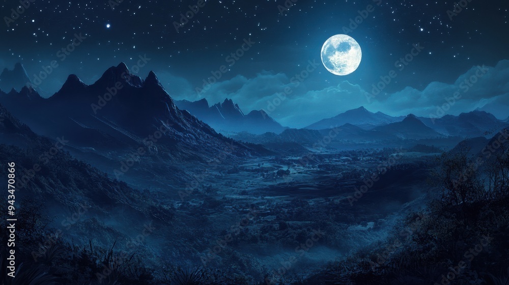 Peaceful night scene with the moon rising over distant mountains, casting a gentle light across the quiet terrain. Peaceful night scene with the moon rising over distant mountains, casting a gentle light across the quiet terrain.