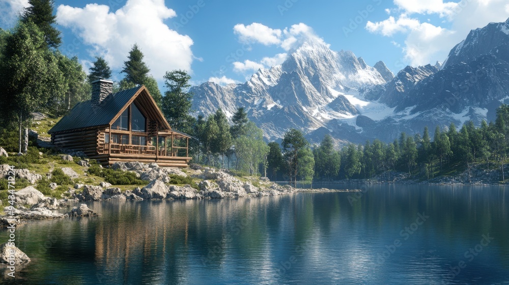 Fototapeta premium Picturesque cabin overlooking a mountain lake, with crisp air and clear skies enhancing the serene landscape.