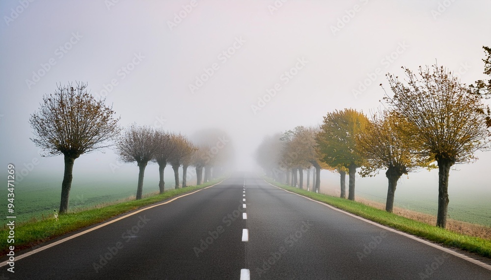 Fototapeta premium tree lined road in the fog