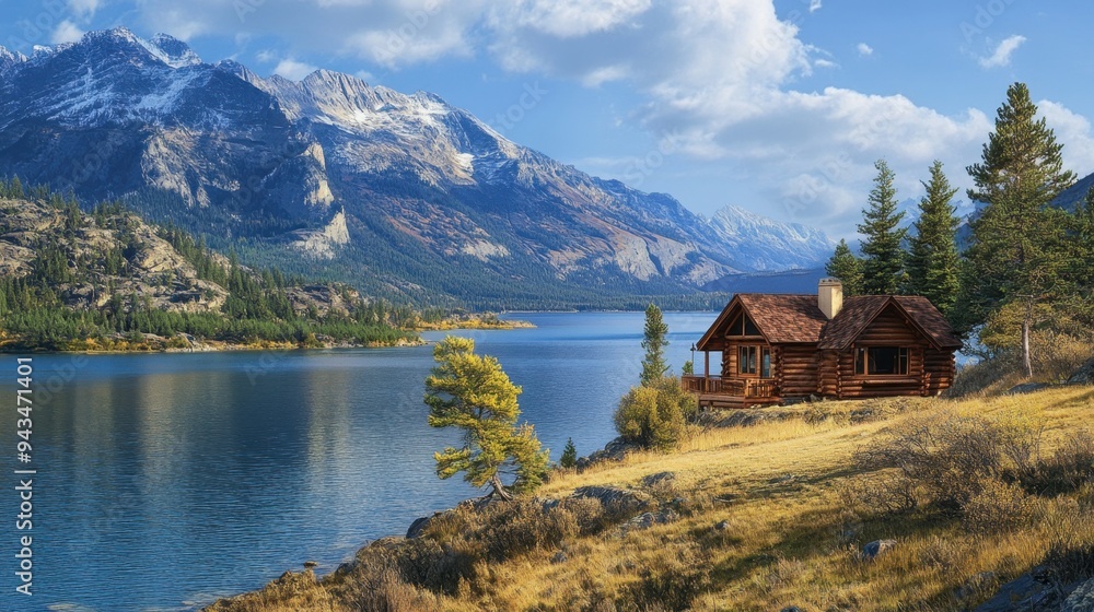 Fototapeta premium Picturesque cabin overlooking a mountain lake, with crisp air and clear skies enhancing the serene landscape.