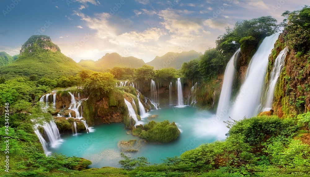 Fototapeta premium fantasy landscape with waterfalls panorama