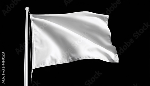 fluttering blank white flag on flagpole isolated on black background