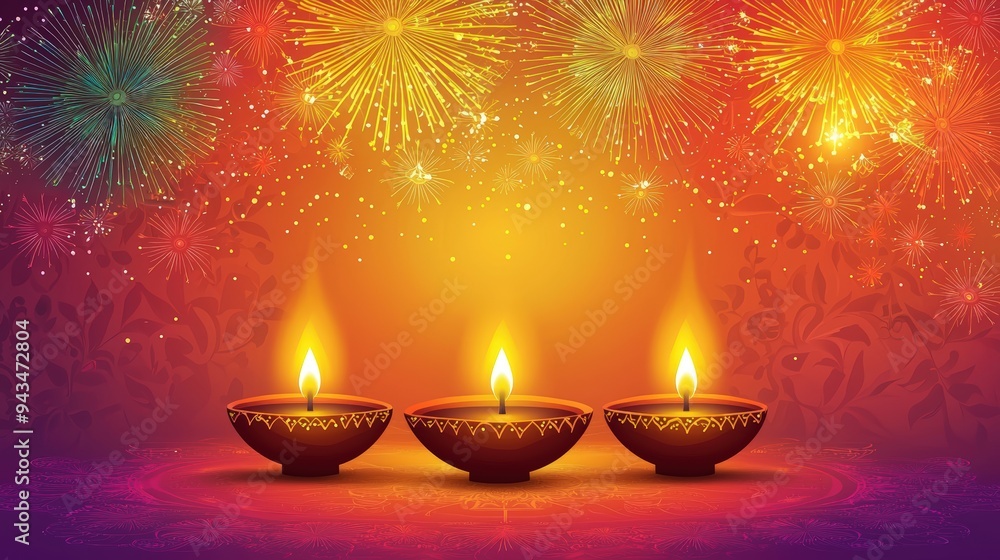 Three lit diyas with fireworks Three lit diyas with fireworks