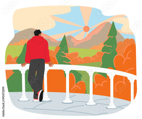 Character Standing On Balcony Gazing At Sunrise Over Mountains And Lush Forest. Vector Image Featuring Vibrant Colors