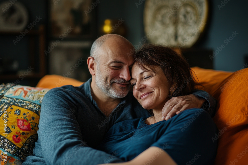 A happy elderly couple in love is sitting on their bed in a cozy bedroom. Lovers hug and kiss. The tender relationship of a mature pair. The concept of happy longevity A happy elderly couple in love is sitting on their bed in a cozy bedroom. Lovers hug and kiss. The tender relationship of a mature pair. The concept of happy longevity